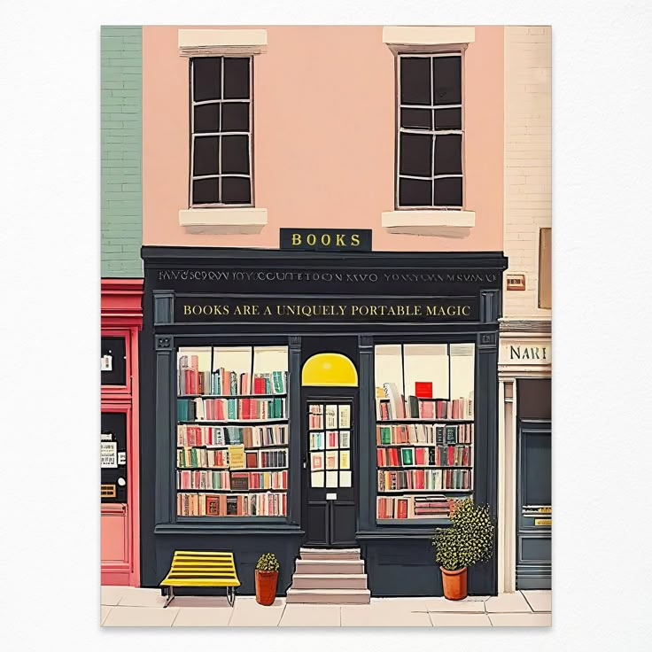 a painting of a book store with books on the front