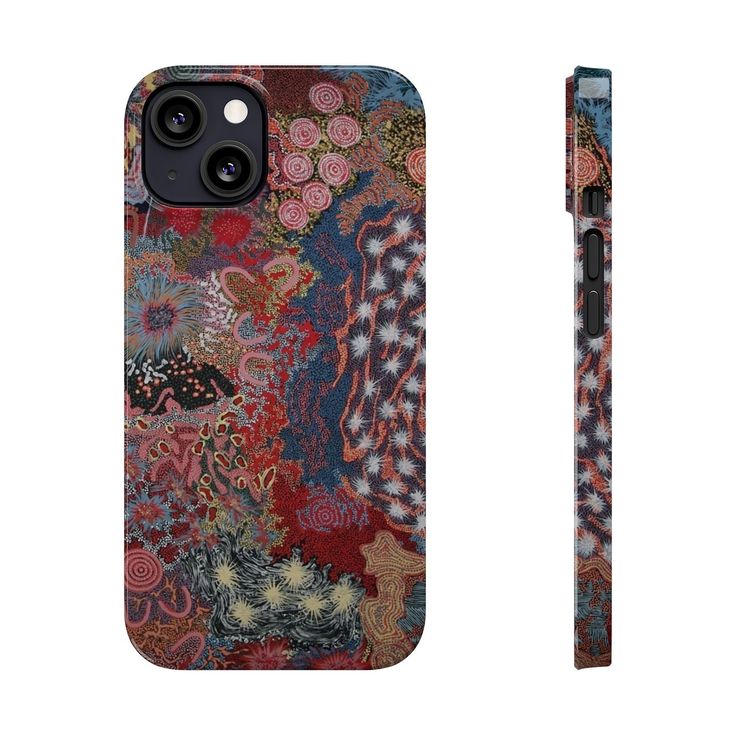 an iphone case with a pen sticking out of the back and side of it, which is covered in multicolored fabric