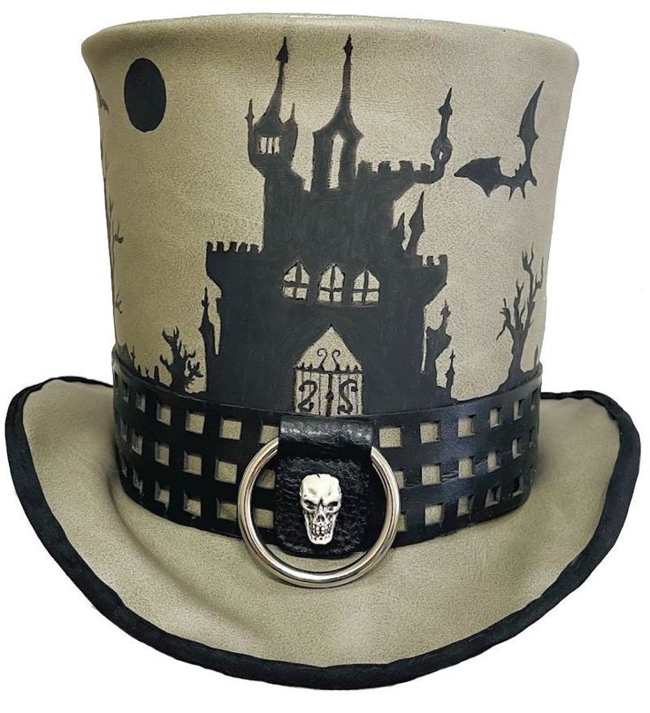 "Gothic Castle" Tall Deluxe Vinyl Top Hat A one of a kind wearable art creation by Jenkitty This tall top hat is created from slick grey vinyl, wrapped in a cutout vinyl belt with front ring and skull centerpiece. It is hand painted in acrylic in a spooky gothic castle, graveyard, trees and bats motif. Adult Medium - Inner circumference measures about 22 1/2", about 7" tall (Around 7 1/4 men's hat size)  Has wire brim so it can be shaped as you wish. **Sometimes I can alter the hat to accommodat Steampunk Top Hat For Halloween, Punk Top Hat For Halloween Costume, Punk Style Top Hat For Halloween Costume Party, Punk Style Top Hat For Halloween Costume, High Crown Top Hat For Halloween Themed Events, Halloween High Crown Top Hat For Themed Events, Gothic Top Hat For Halloween Festival, Gothic Top Hat For Halloween, Gothic Fitted Top Hat For Halloween