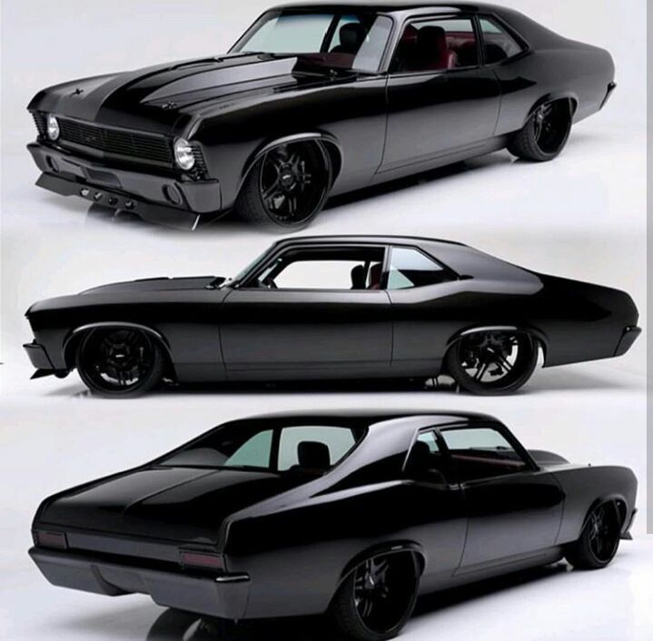 three different views of a black muscle car