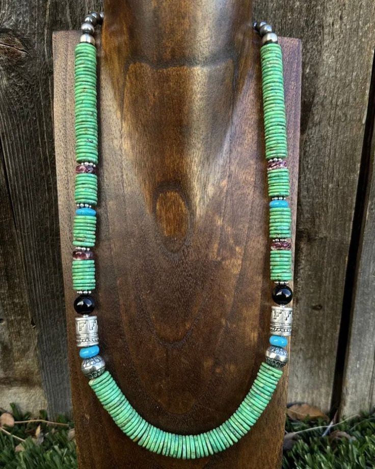 Sterling Silver Green Turquoise Multi Stone Bead Necklace. 26 inch. Gift Southwestern Green Turquoise Necklace, Traditional Turquoise Single Strand Beaded Necklaces, Traditional Turquoise Single Strand Beaded Necklace, Traditional Turquoise Oval Beads Jewelry, Long Turquoise Necklace With Natural Green Stones, Turquoise Long Hand-strung Beaded Necklaces, Traditional Turquoise Single Strand Jewelry, Bohemian Green Single Strand Jewelry, Green Bohemian Single Strand Jewelry