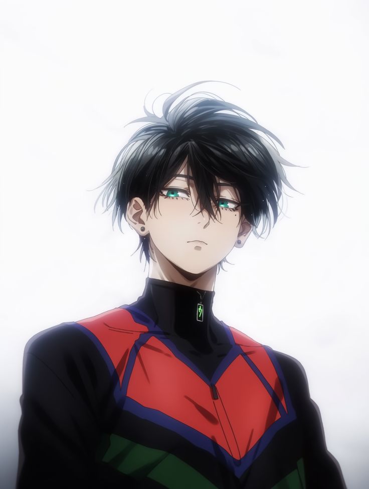 an anime character with black hair and green eyes wearing a red, blue and green striped shirt