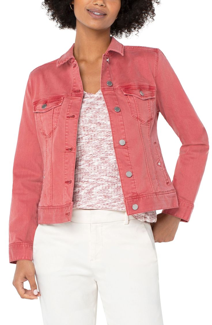 Our classic jean jacket with amazing recovery from our Love by Liverpool collection. Your go-to layering item that adds the perfect touch to any outfit made with comfortable fabric that won’t stretch out! 23" HPS Amazing stretch and recovery Slub stretch twill Two front pockets Two seam side pockets 6-button front closure Model is 5'9'' wearing a size Small 58% Cotton, 32% Tencel 8% T400, 2% Spandex Classic Denim Jacket, Classic Jeans, Dark Denim, Denim Fabric, Classic Looks, Denim Women, Jean Jacket, Liverpool, Layering