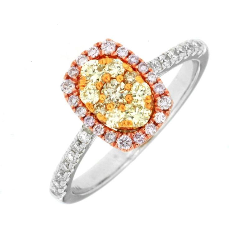 Royal 14K White Gold Tri-Colored Diamond Ring - 0.16 Carat White, 0.35 Carat Yellow, 0.15 Carat Pink Formal Yellow Halo Ring, Elegant Yellow Halo Ring, Pink Diamond Ring, Colored Diamond Rings, Pink Diamonds, Yellow Diamonds, Yellow And Pink, Royal Jewelry, Yellow Diamond