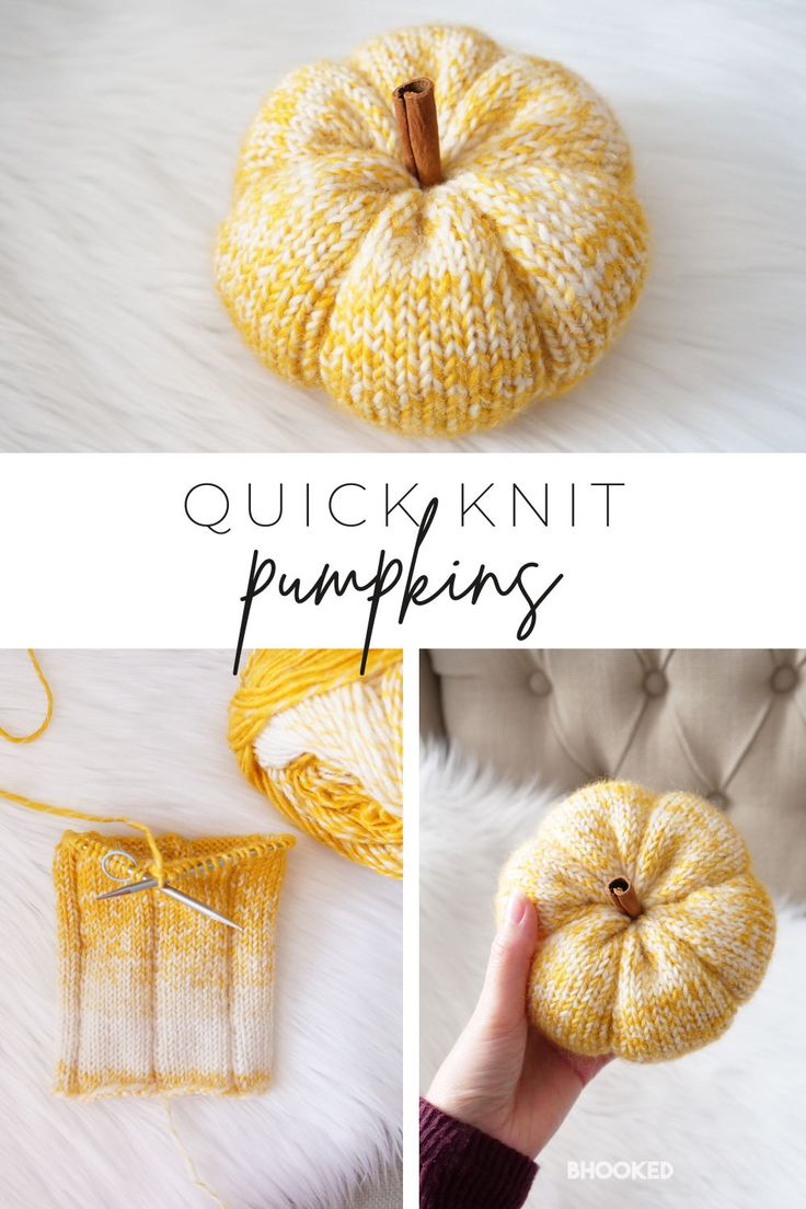 knitted pumpkins with text overlay that says quick knit pumpkins in multiple pictures