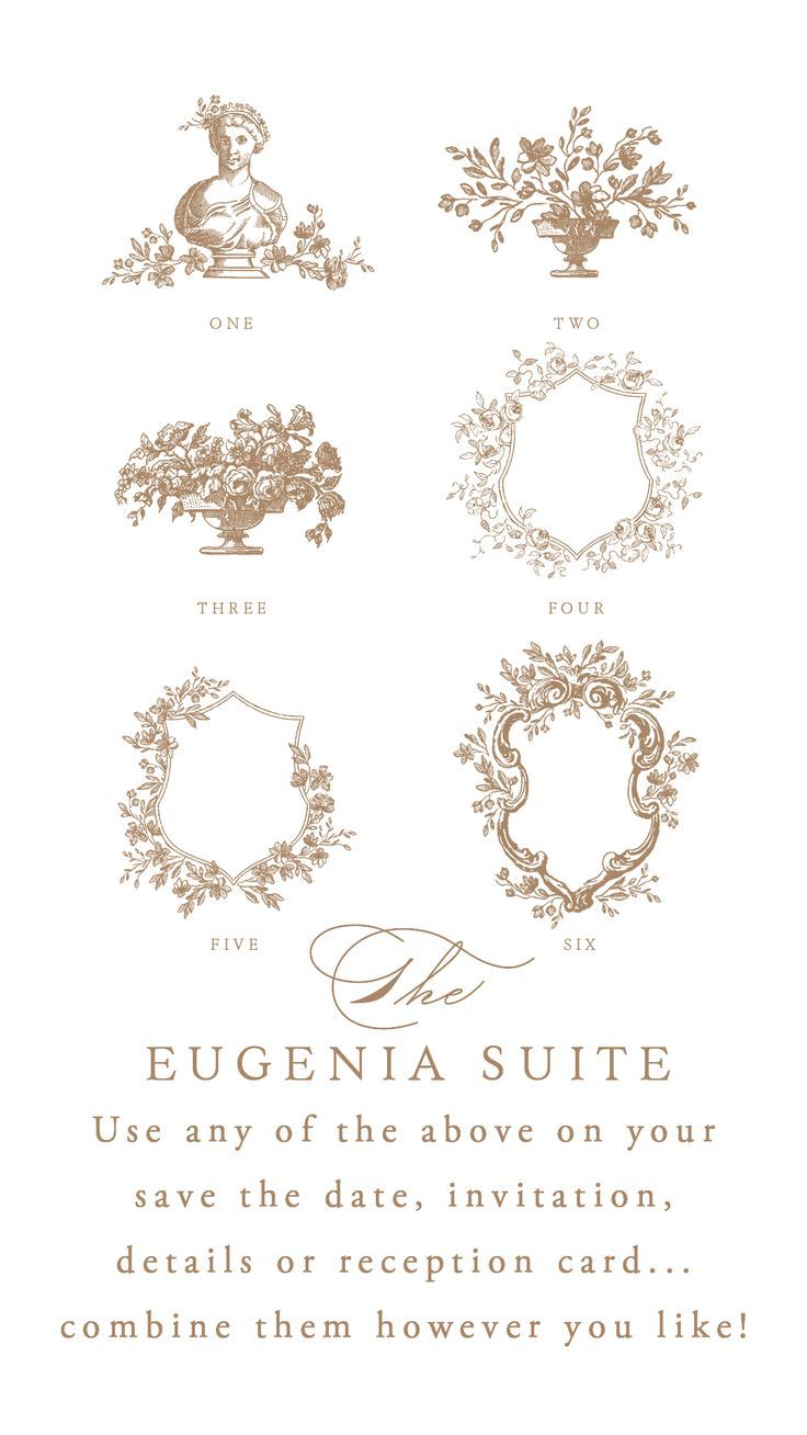 an elegant wedding card with the words, eugenia suite and other decorative elements