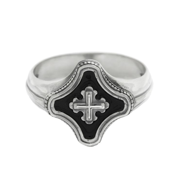 SKU: 30309 Christian Cross Four-clover shape top. Features: Brand new sterling ring silver 925. Not plated, 100% solid silver metal! Approx. weight of the product - 5.6 g.; Finishing options: 1) Silver (blackening by oxidation) 2) Silver (blackening by oxidation) with Black Enamel Availability of proprietary tag manufacturer - Yes; Manufacturing and country of origin - Ukraine; online shop - www.indigo.jewelry custom orders - www.indigo.gold Classic Adjustable Black Enamel Rings, Polished Sterling Silver Enamel Ring In White Gold, Sterling Silver White Gold Enamel Ring With Polished Finish, Polished White Gold Enamel Ring In Sterling Silver, Formal Silver Ring With Black Enamel, White Gold Enamel Ring With Polished Sterling Silver, Silver Sterling Silver Signet Ring With Black Enamel, Silver Sterling Enamel Ring With Black Enamel, Silver Sterling Enamel Ring With Black Detail