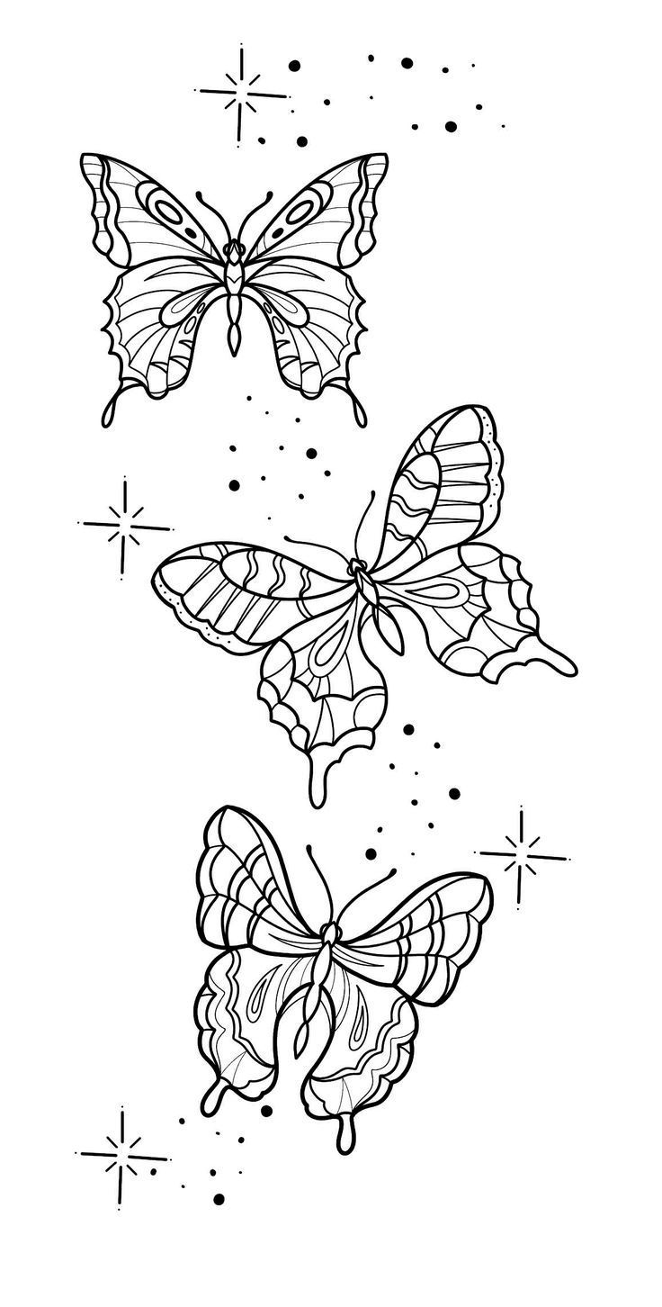 three butterflies flying in the sky with stars around them, one is black and white