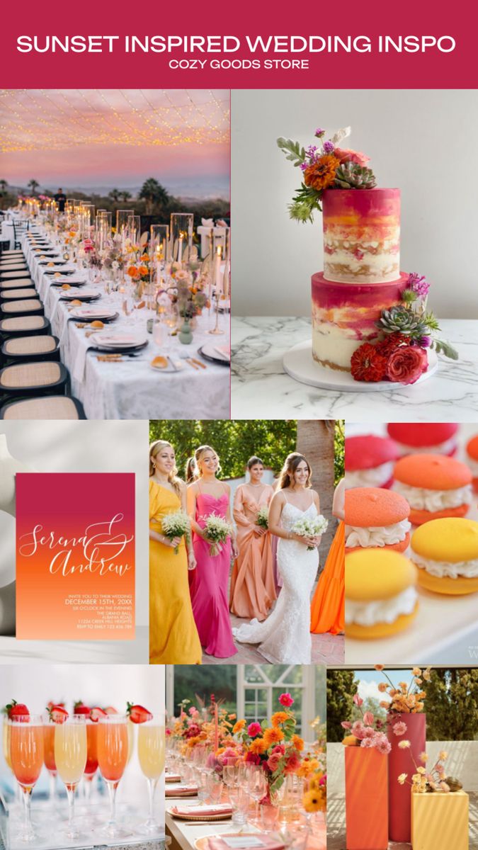 a collage of photos with different colors and designs on the theme of sunset inspired wedding