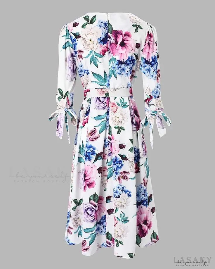 Lasaky - Floral print dress with belt and puff sleeves Modest Floral Print Dress With Puff Sleeves, Chic Floral Print Maxi Puff Sleeve Dress, Chic Puff Sleeve Maxi Dress With Floral Print, Chic Floral Print Puff Sleeve Maxi Dress, Chic Puff Sleeve Floral Maxi Dress, Spring Floral Maxi Puff Sleeve Dress, Chic Spring Dress With Belted Cuffs, Spring Long Sleeve Belted Dress, Spring Long Sleeve Midi Dress With Belt