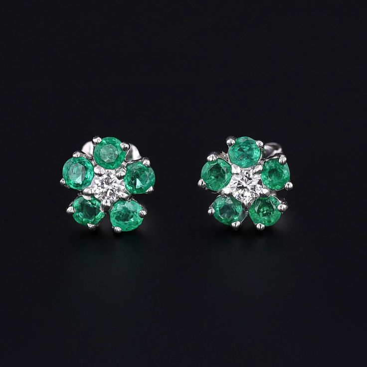 A cheerful pair of natural emerald and diamond flower earrings! These elegant flowers were originally part of a platinum brooch transformed with the addition of 14k white gold posts and earring backs. The earrings are 0.35 inches in diameter and in very good condition. We have many other fantastic offerings of fine jewelry posted on our Etsy store, so please consider browsing our other items. We send all items in individually packaged gift boxes and offer layaway plans! + Trademark Antiques Shop Vintage Turquoise Ring, Jewelry Post, Dragon Pendant, White Gold Earrings, Diamond Flower, Elegant Flowers, Enamel Flower, Antique Diamond, Flower Earrings Studs