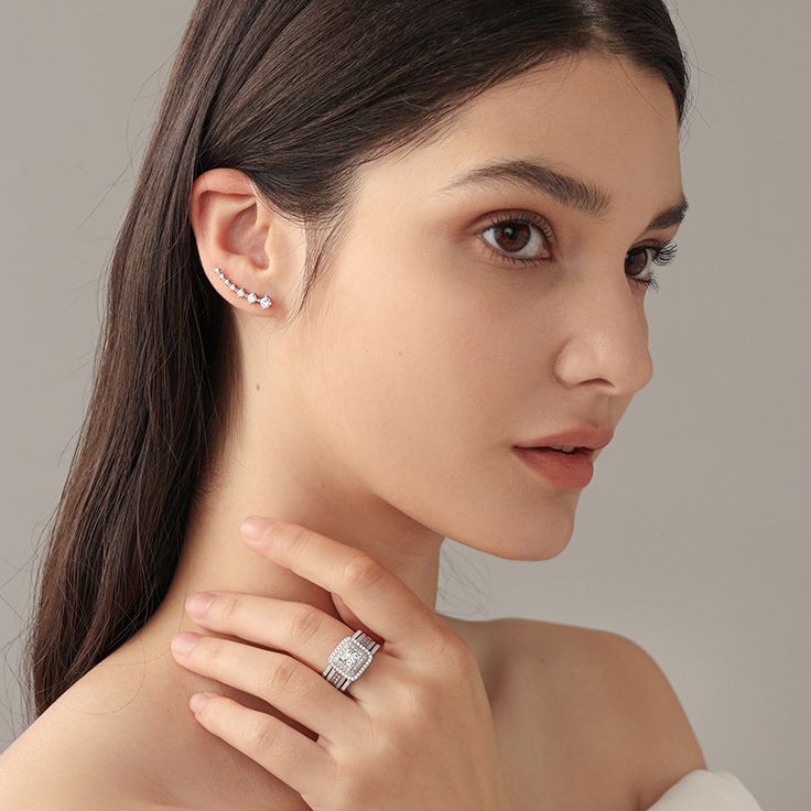 Elegant and sparkling, you'll love these unique and stylish climber earrings. Each earring features a graduating row of shimmering round stones that descend in size as the style gently curves up the ear. Mark your romance with these shimmering climber earrings.Weight: 3.8 gHeight: 28 mmMaterial: Plating Color: Silver Silver Prong Set Ear Climbers For Anniversary, Fine Jewelry Cubic Zirconia Ear Climbers For Anniversary, Cubic Zirconia Ear Climbers For Wedding, Fine Jewelry Silver Ear Climbers For Anniversary, Silver Cubic Zirconia Ear Climbers For Anniversary, Silver Cubic Zirconia Ear Cuff For Anniversary, Anniversary Silver Cubic Zirconia Ear Cuff, Silver Ear Climbers With Diamond Accents In Sterling Silver, Silver Fine Jewelry Ear Climbers