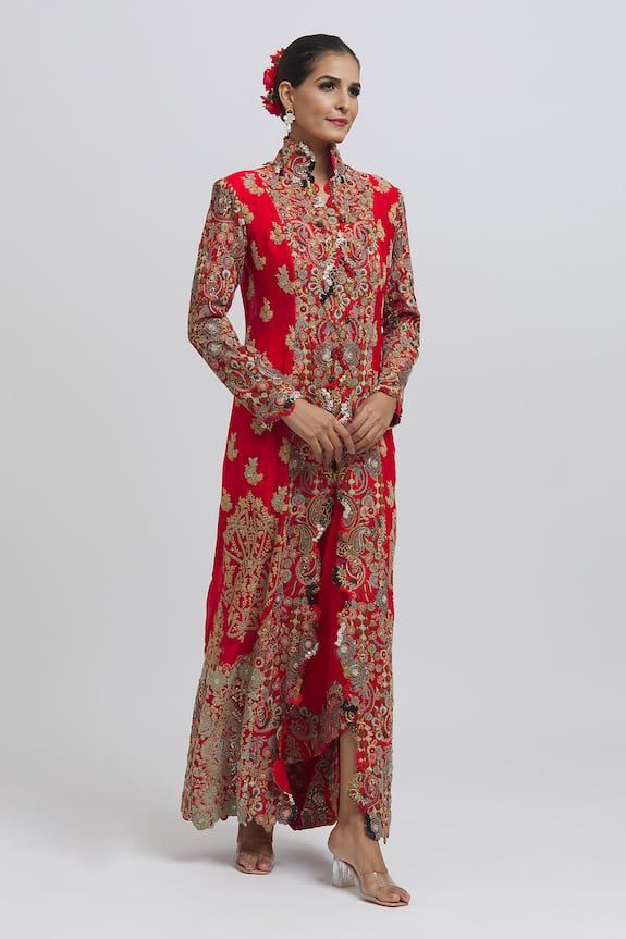 Red longline jacket style kurta with multi colored embroidery. Comes with embroidered hem draped skirt and inner bustier. - Aza Fashions