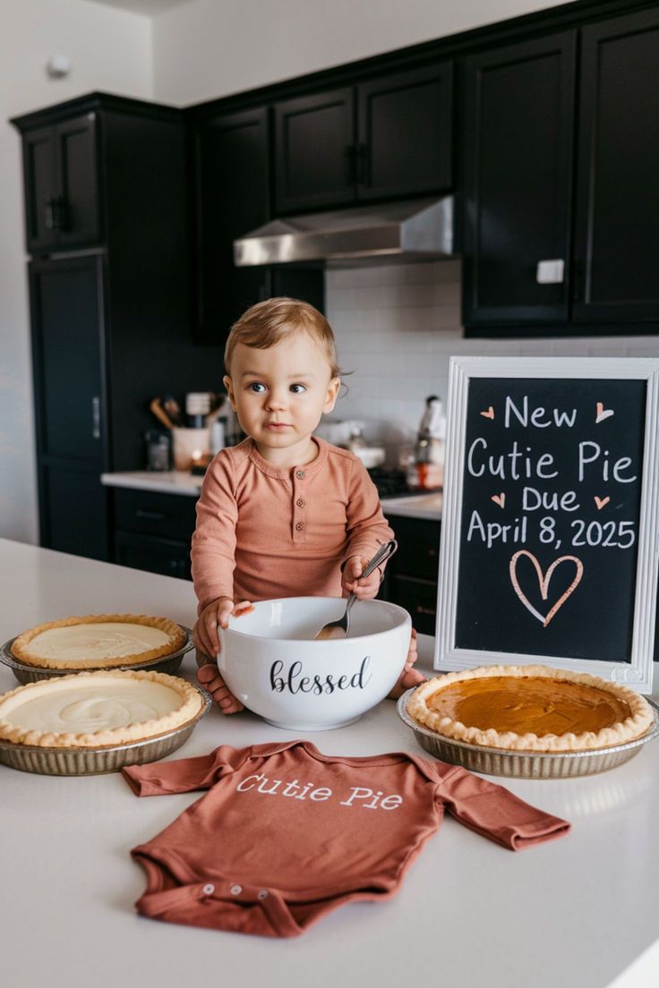 A toddler stands in a kitchen surrounded by freshly baked pies, a charming setup for a November Pregnancy Announcement. A chalkboard sign reading "New Cutie Pie Due April 8, 2025" pairs beautifully with a "blessed" mixing bowl and a onesie labeled "Cutie Pie," crafting a perfect Autumn Pregnancy Announcement. This sweet scene offers a delightful way to reveal a new addition to the family, ideal for Thanksgiving or Fall Baby Announcement ideas. July Pregnancy Announcement Baby 2, Baby 3 Pregnancy Announcement, Thanksgiving Sibling Announcement, Thanks Giving Pregnancy Announcements, Thanksgiving Baby Announcement Sibling, Winter Pregnancy Announcement Baby 2, Labor Day Pregnancy Announcement, Fall Baby Announcement Sibling, November Baby Photo Ideas