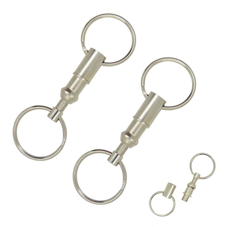 two metal keychains are shown with one open and the other closed, on a white background