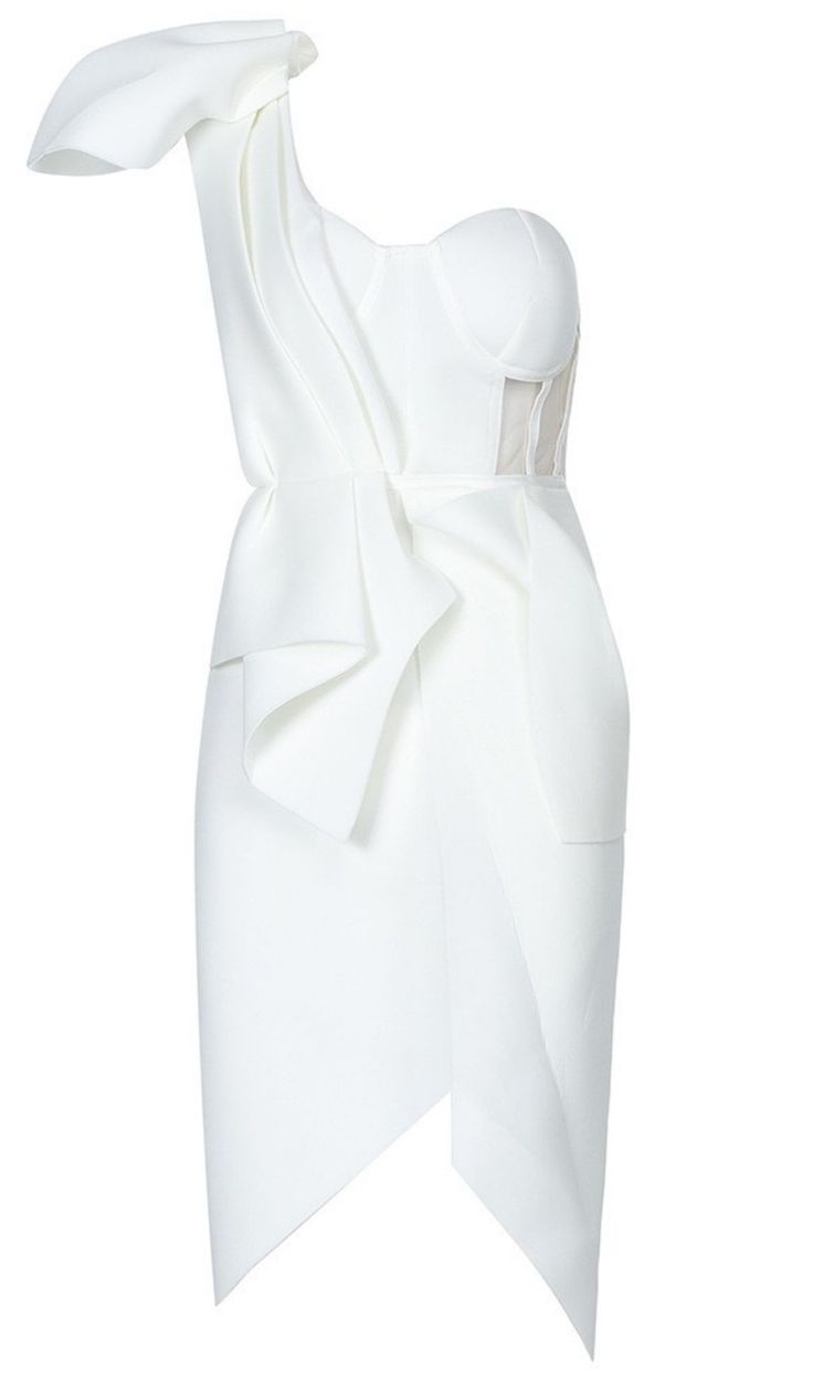 IRREGULAR STITCHING SINGLE SHOULDER PETAL PLEATED WHITE DRESS Elegant White One-shoulder Mini Dress, White One-shoulder Dress With Asymmetrical Neckline For Night Out, White One Shoulder Dress With Asymmetrical Neckline, White Sleeveless One-shoulder Evening Dress, White Sleeveless One Shoulder Evening Dress, White One Shoulder Dress For Party With Asymmetrical Neckline, White Asymmetrical One Shoulder Dress For Party, White One Shoulder Ruffled Dress For Evening, White One Shoulder Dress With Asymmetrical Neckline For Evening