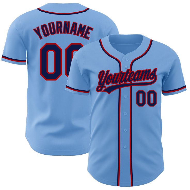 a baseball jersey that is light blue with red lettering on the chest and name, yourname 00