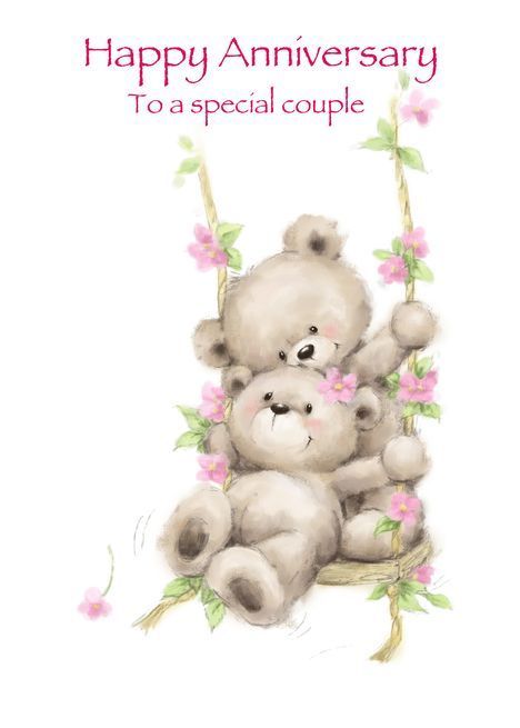 a happy anniversary card with two teddy bears sitting on a swing and holding onto each other