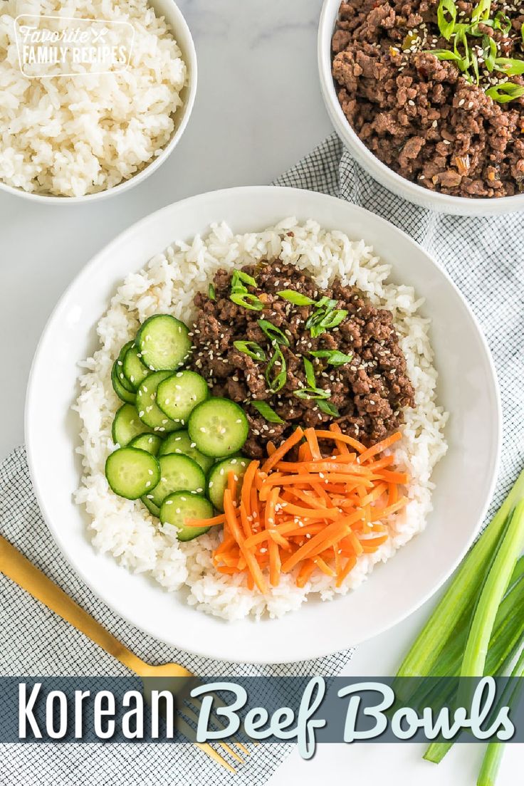 korean beef bowls with rice, cucumbers and carrots