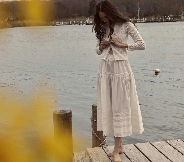 Sebastiane Skirt - Powder | DÔEN Eyelet Embroidery, Winter Skirt, Cozy Cardigan, Color Powder, Edwardian Era, White Cardigan, Pin Tucks, Cotton Poplin, Get The Look