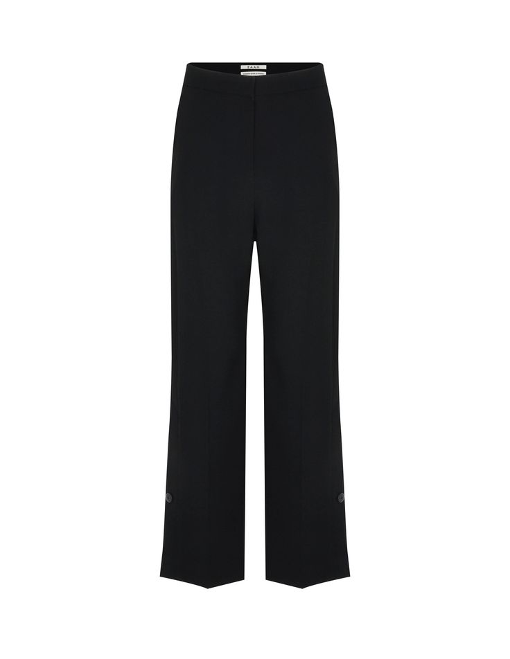 Fluid trousers with unique double buttoned side vented detailing. - Mid-rise, straight leg- Flat front, pressed crease. - Zip front, tab closure- Split, double buttoned hem- Side slip pockets, faux back welt pockets- 100% Polyester- 2" seam allowance- Small: Waist 26.5", Length 40.5", Rise 12.5", Inseam 30"- Med: Waist 28", Length 40.5", Rise 12.5", Inseam 30" - Dry clean- Imported Chic Formal Dress Pants With Button Closure, Tailored Straight Dress Pants With Buttons, Business Casual Ankle-length Dress Pants With Button Closure, Ankle-length Business Casual Dress Pants With Buttons, Ankle-length Dress Pants With Buttons For Business Casual, Straight Hem Pants With Button Closure For Work, Straight Office Pants With Buttons, Office Straight Pants With Buttons, Tailored Trousers Dress Pants With Buttons