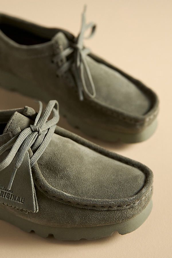 Suede upper Sheepskin insole EVA sole Tie styling Imported | Wallabee GTX Flats by Clarks in Green, Women's, Size: 8.5, EVA/Suede at Anthropologie Clarks Wallabee, Clarks Wallabees, Platform Flats, Lace Up Flats, Tie Styles, Suede Fringe, Suede Loafers, Eva Sole, Moccasins