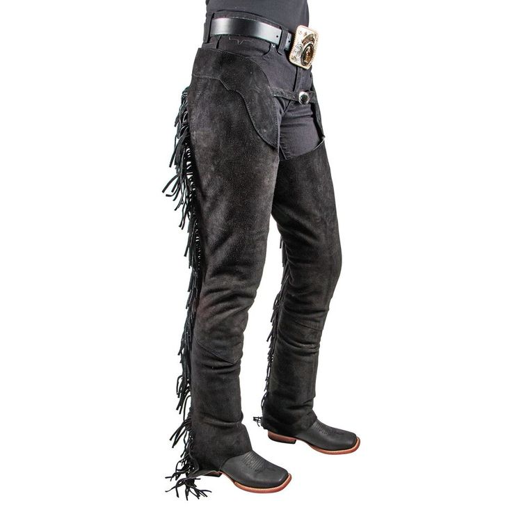 Economy suede western show chaps with wrap around rear with fringe, perfect for the beginner rider.Adjustable buckle front belt and silver concho adjustable rear. Double stitched stress points with a heavy duty zipperEconomy suede western show chaps, perfect for the beginner riderColor: Black Western Style Bottoms With Belt Loops For Fall, Western Bottoms With Belt Loops For Rodeo, Western Style Black Bottoms For Rodeo, Western Equitation, Playa Ideas, Western Chaps, Western Outfits, Wrap Around, Leather Pants