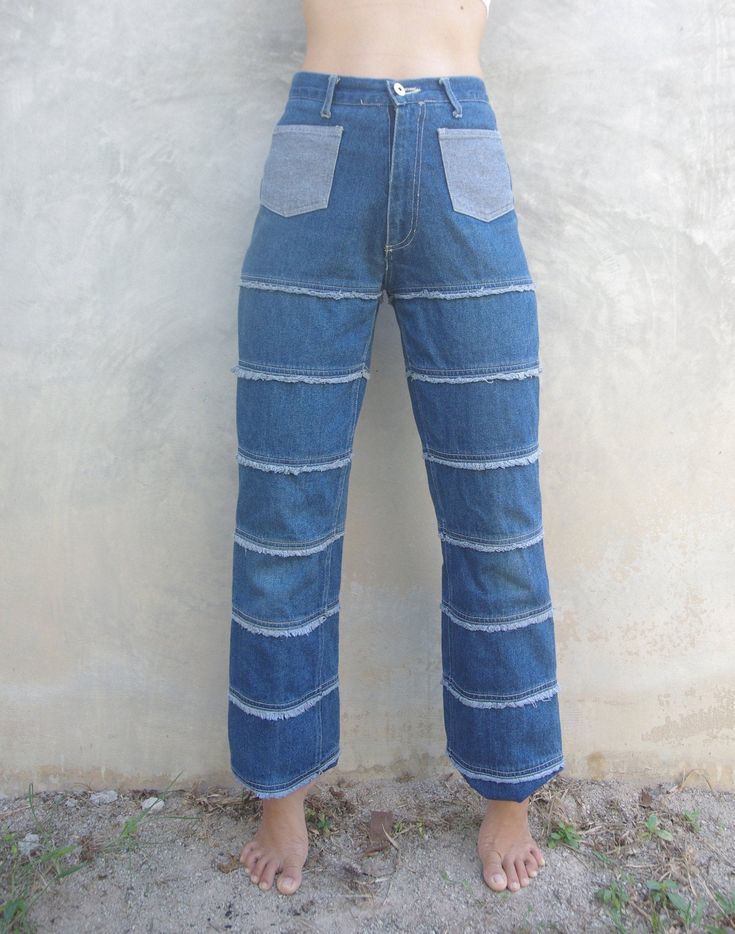 vintage jeans Blue Jeans patchwork ,High Waist,hippie jeans ,retro denim,vintage jeans ,hipster women pants I want you to experience the beauty, style and comfort of my goods. condition : ready to use very good color : Blue jeans Material : Denim fabric Label : Mede in japan Blue Jeans patchwork measurements: inches or centimeters but I check measurements 1. Waist: 24-25 inch // 61-63.5 cm 2. Hips: 34 inch // 86 cm 3. Rise: 10.5 inch // 26.5 cm * the top of the front waistband. 4. thigh size : 1 Patchwork Medium Wash Denim Flare Jeans, Retro Denim Patchwork Pants, Retro Patchwork Medium Wash Jeans, Retro Patchwork Denim Pants, Patchwork Rigid Denim Jeans In Dark Wash, High Rise Patchwork Denim Flare Jeans, High-rise Patchwork Flare Jeans, Retro Wide Leg Patchwork Jeans, Patchwork Rigid Denim Jeans In Denim Blue