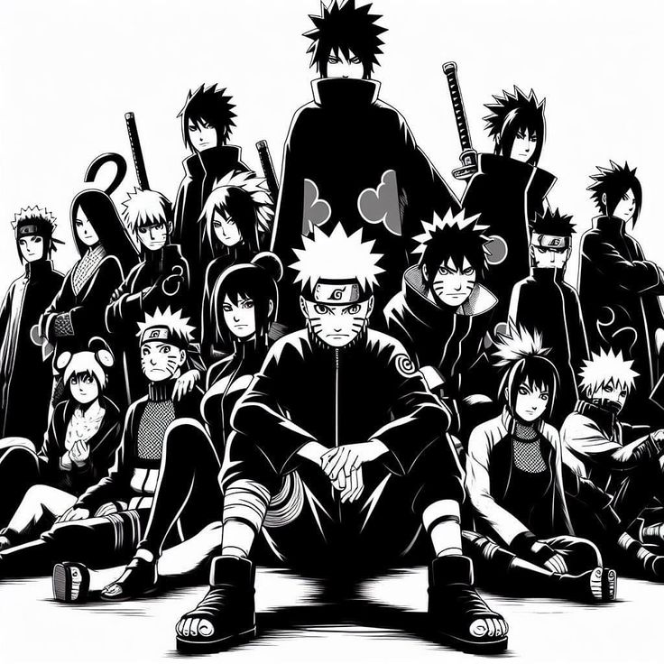 black and white image of anime characters sitting on the ground