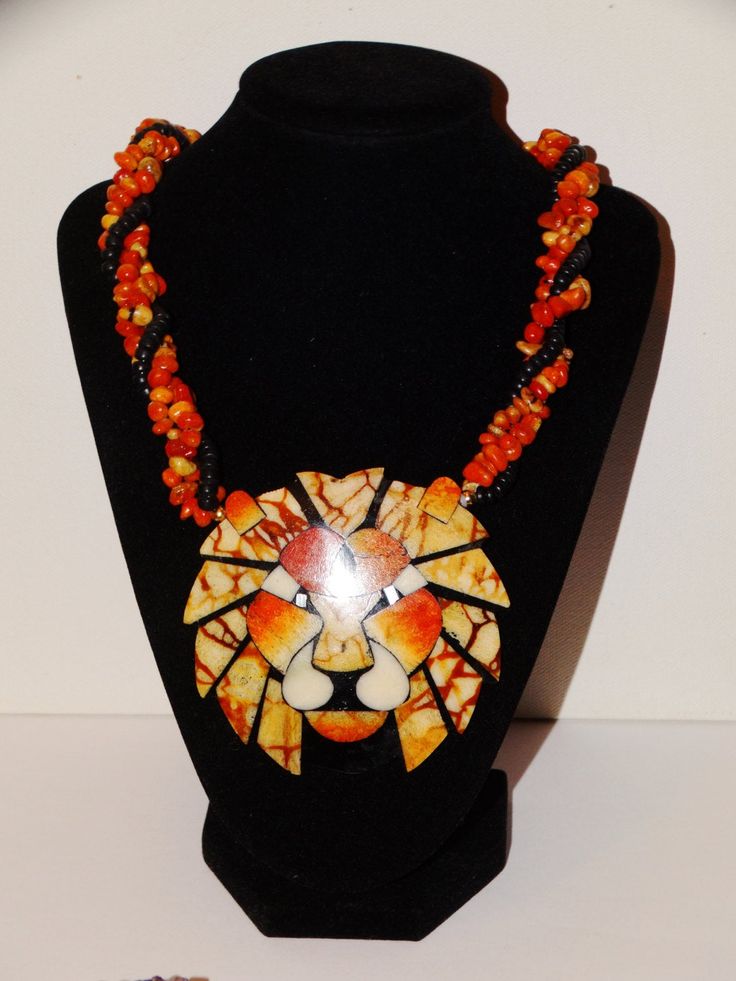 "Free Shipping VGE 1970,s Sponge Apple Coral Inlaid 23\" Lion Necklace. Lion head size 3 1/4\" x 3\" Excellent condition." Multicolor Costume Jewelry Necklace For Collectors, Collectible Multicolor Beaded Jewelry, Unique Long Orange Necklace, Multicolor Beaded Collectible Jewelry, Swan Logo, Lion Necklace, Infinity Pendant, Swarovski Crystal Bracelet, Garnet Necklace