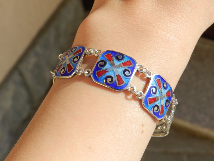 Georgian cloisonne enamel bracelet, sterling silver bracelet, artisan jewelry handmade cloisonne bracelet minankari tbilisi enamel champleve Elegant Handmade Enamel Bracelets, Nickel-free Enamel Bracelet As A Gift, Elegant Enamel Jewelry With Inlay, Elegant Enamel Inlay Jewelry, Unique Enamel Bracelets As Gift, Red Hand Painted Sterling Silver Jewelry, Hand Painted Enamel Bracelets As Gift, Hand Painted Enamel Bracelets For Gifts, Handmade Enamel Jewelry For Formal Occasions