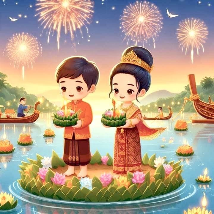 two children are standing on an island with fireworks in the sky above them and boats floating around