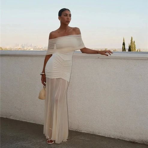 OFF SHOULDER BACKLESS MAXI DRESS – CTRL N U I T Ruched Backless Maxi Dress For Night Out, One Shoulder Evening Dress For Summer Night Out, Bodycon Maxi Dress For Summer, Chic Bodycon Summer Maxi Dress, Chic Bodycon Maxi Dress For Summer, Fitted Maxi Dress For Summer Date Night, Elegant Off-shoulder Maxi Dress For Beach, Elegant Off Shoulder Stretch Dress For Summer, Elegant Stretch Off Shoulder Summer Dress