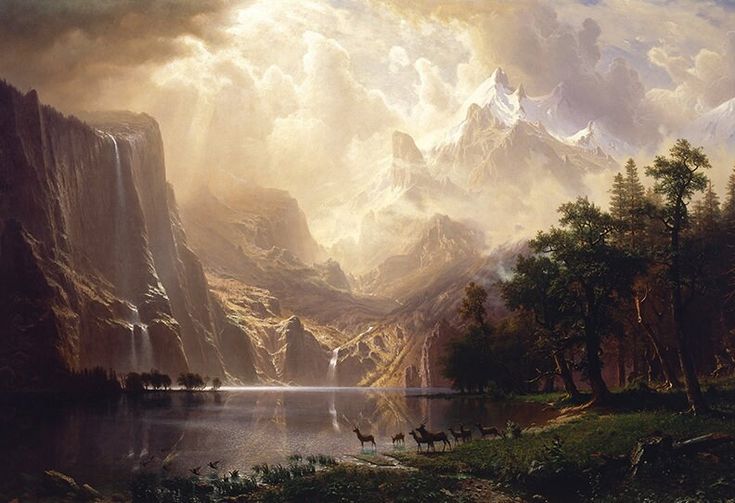 a painting of mountains, trees and water with clouds in the sky above them is an image of a mountain range that appears to be surrounded by fog