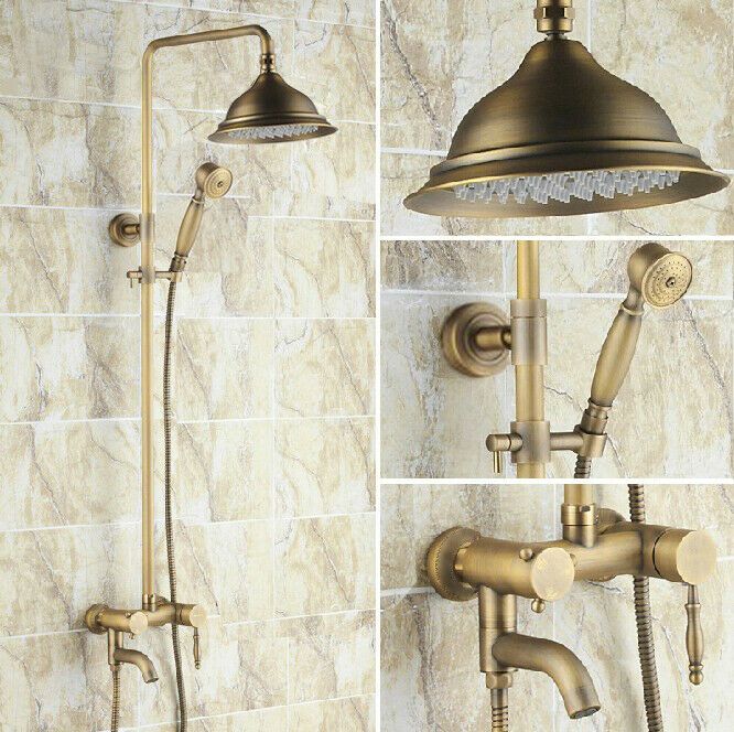 the shower head and handset are shown in three different pictures, including an overhead faucet