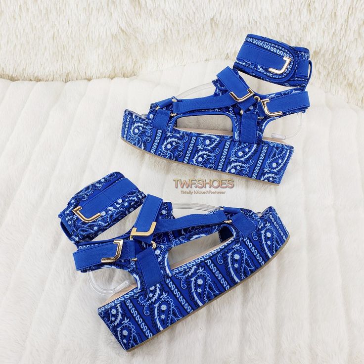 New Sooo Comfy Velcro Closures Soft 2" Platform Base Blue Flat Platform Sandals, Blue Fabric Sandals With Round Toe, Blue Fabric Round Toe Sandals, Blue Fabric Open Toe Sandals, Blue Fabric Sandals For Spring, Casual Blue Fabric Sandals, Bandana Colors, You Are Important, Sandal Shoes