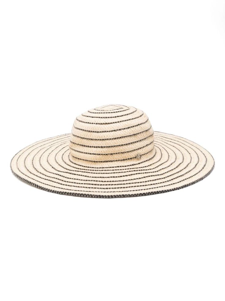 beige/black straw horizontal stripe pattern round crown silver-tone logo lettering dropped wide brim pull-on style Adjustable Striped Straw Sun Hat, Adjustable Striped Straw Hat For Vacation, Striped Sun Hat For Spring Vacation, Striped Wide Brim Straw Sun Hat, Striped Sun Hat With Curved Brim For Vacation, Striped Curved Brim Straw Hat For Summer, Summer Striped Straw Hat With Curved Brim, Striped Wide Brim Sun Hat For Vacation, Summer Striped Wide Brim Straw Hat