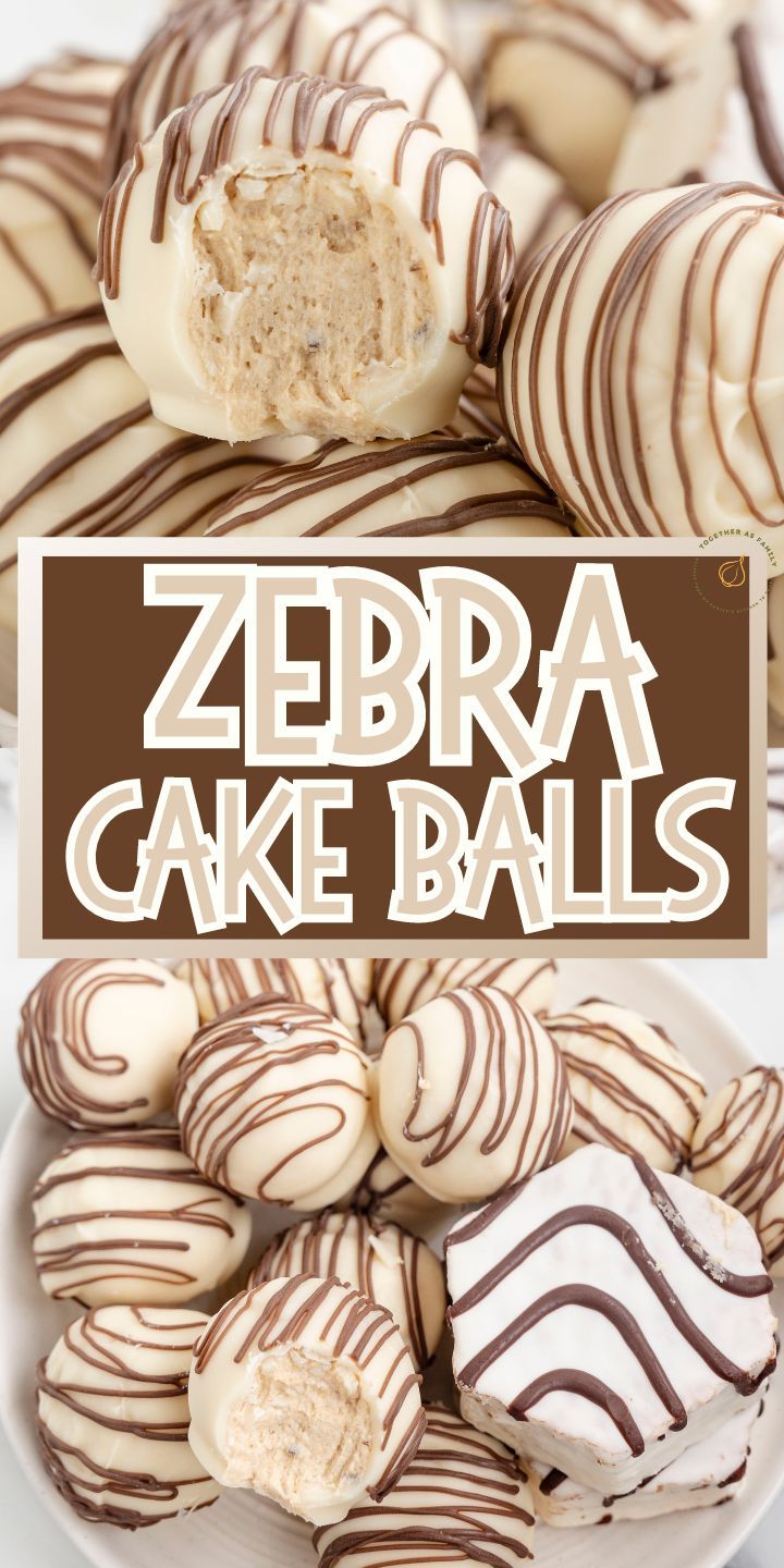 zebra cake balls on a white plate with chocolate drizzled in the middle