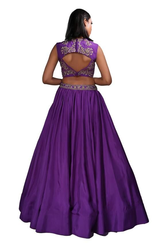 Purple silk padded blouse with zari embroidered floral motifs. Comes with placement embroidered lehenga and dupatta. - Aza Fashions Formal Art Silk Lehenga With Zari Work, Formal Lehenga With Resham Embroidery In Art Silk, Formal Art Silk Lehenga With Resham Embroidery, Formal Art Silk Choli With Zari Work, Formal Choli With Zari Work For Navratri, Formal Lehenga With Zari Work For Navratri, Formal Navratri Lehenga With Zari Work, Formal Navratri Choli With Cutdana Details, Formal Navratri Choli With Cutdana