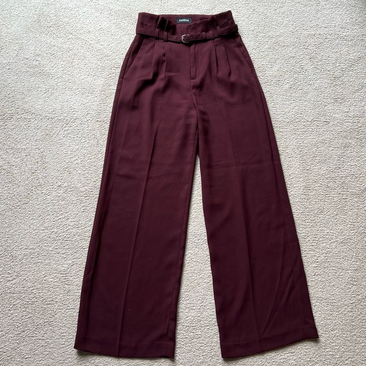 Size 2 New Without Tags Express Womens Wide Leg High Rise Burgundy Pants Trousers Belted Fitted Waist 2 Chic Burgundy Wide Leg Pants, Chic Burgundy Wide Leg Trousers, Chic Burgundy High-waisted Wide Leg Pants, Belted High Waist Bottoms For Date Night, Burgundy Workwear Bottoms With Pockets, Belted Bottoms For Date Night, Burgundy Full-length Pants For Work, Burgundy Full Length Workwear Pants, Burgundy Full Length Work Pants