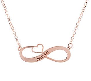 Personalized accessories make thoughtful gifts. Go ahead and pick up this polished infinity heart necklace for your loved one or treat yourself to this chic customized piece -- you deserve it! From Veronese Collection® Jewelry. Customized Necklace For Valentine's Day Gift For Her, Customized Elegant Heart Necklace For Gift, Customized Heart-shaped Rose Gold Necklaces, Elegant Customized Charm Necklaces For Valentine's Day, Customized Rose Gold Heart Necklaces, Customized Rose Gold Heart Pendant Necklace, Customizable Elegant Heart Necklace For Gift, Elegant Customizable Heart Necklace For Gift, Personalized Double Heart Rose Gold Jewelry