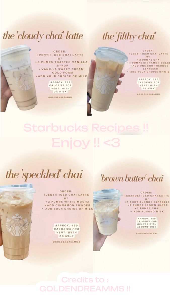 Starbucks drinks recipes to order at starbucks!! <3 Starbucks Drinks Recipes To Order, Starbucks Drinks To Order, Order At Starbucks, Best Starbucks Drinks, Cinnamon Dolce Syrup, Iced Chai Latte, Secret Starbucks Recipes, Starbucks Secret Menu Drinks, Starbucks Coffee Drinks