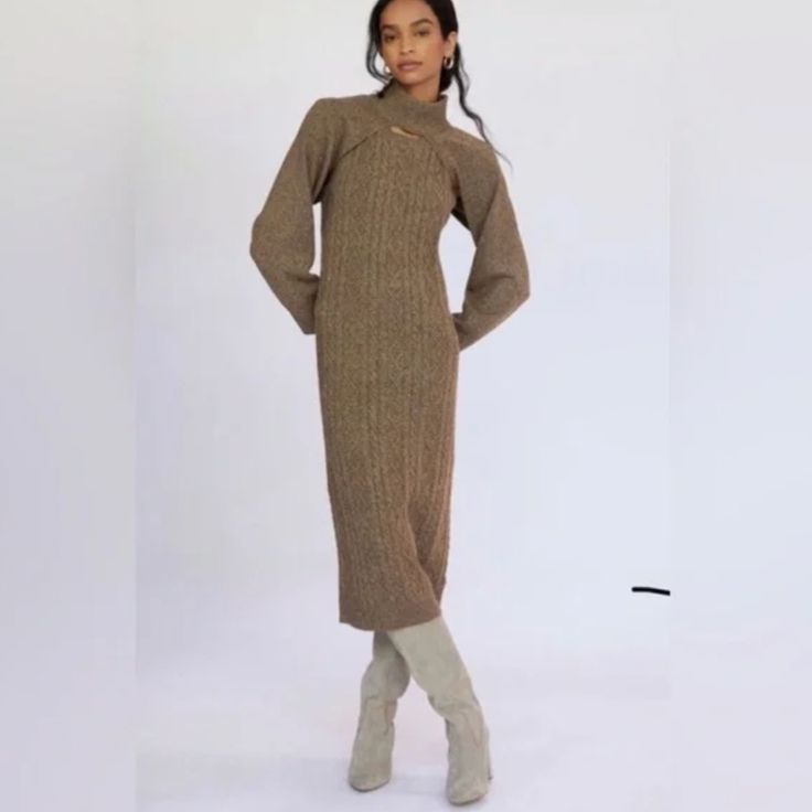 Never Worn Size Medium Fall Cable Knit Knee-length Sweater Dress, Fall Stretch Sweater Dress Midi Length, Cozy Cable Knit Dresses For Fall, Cozy Cable Knit Spring Dress, Fall Cable Knit Dresses, Winter Brown Ribbed Midi Dress, Brown Ribbed Midi Dress For Winter, Chic Spring Cable Knit Sweater Dress, Chic Cable Knit Sweater Dress For Spring