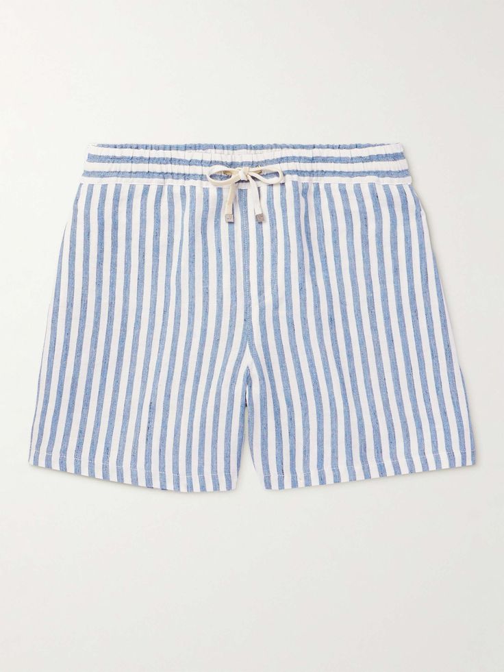 LORO PIANA Bermuda Bay Straight-Leg Striped Linen Drawstring Shorts | MR PORTER Coastal Grandson, How To Dress Smart, Shorts For, Linen Shorts Men, Mens Linen Shorts, Relaxed Blazer, Dress Smart, Clothing Wishlist, Pants Outfit Men