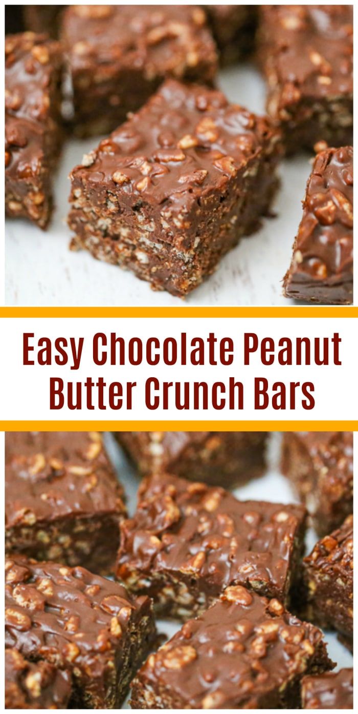 chocolate peanut butter crunch bars stacked on top of each other