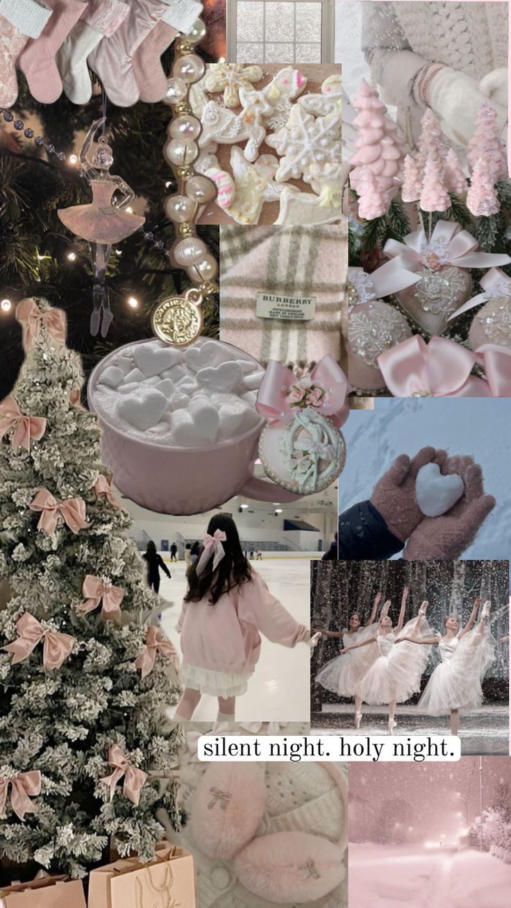 Pink And White Christmas, Tree Decoration Ideas, Silent Night Holy Night, Christmas Dreaming, Coquette Christmas, Xmas Wallpaper, Pink Xmas, Pretty Pink Princess, Christmas Collage