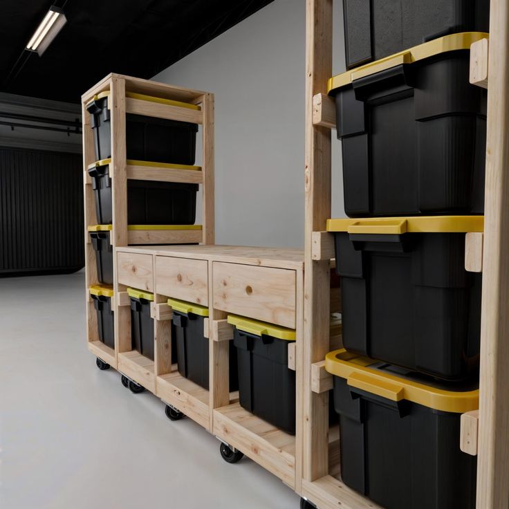 the shelves are filled with black containers and yellow handles