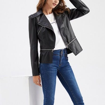 Why be shy when you can be bossy - Cici is a moto jacket for the biker girl in you. This smooth leather jacket has a wide turn-down collar with a zipper front, long sleeves, and zipper pockets on the chest. The adjustable zipper length allows you to wear it cropped or to a regular length - choose your vibe! Styling Option: Pair it with skinny jeans or flared trousers with your choice of jacket length. Keep your footwear balanced with either sneakers or loafers. Color: BlackSleeve Length: Long Sl Punk Style Long Sleeve Biker Jacket, Punk Style Long Sleeve Biker Jacket With Zipper, Punk Biker Jacket With Long Sleeves And Zip Fly, Punk Style Leather Jacket With Zipper, Long Sleeve Leather Jacket For Biker Events, Trendy Long Sleeve Outerwear For Biker Events, Punk Biker Jacket With Zip Fly For Fall, Trendy Long Sleeve Leather Jacket For Biker Events, Long Sleeve Biker Jacket With Zipper For Biker Events