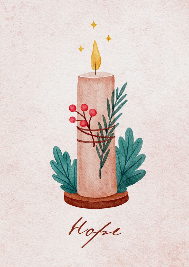 a watercolor drawing of a lit candle with leaves and berries on it, which reads hope