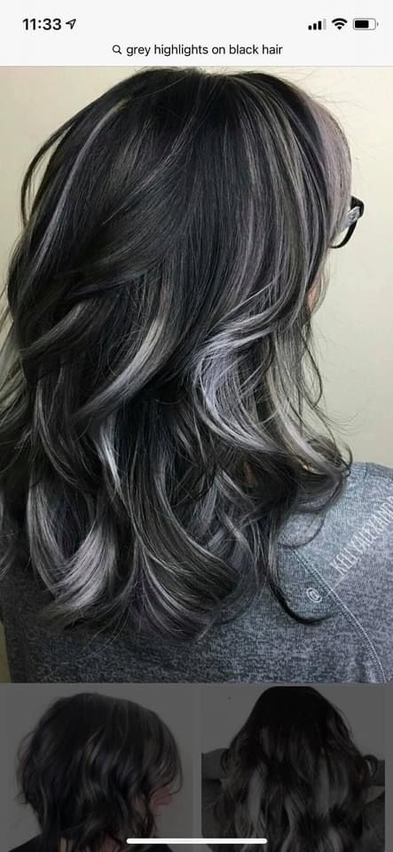 Black With Silver Highlights Short, Skunk Highlights Black Hair, Black Hair With Frosted Tips, Gray Peekaboo Hair, Black Hair With Silver Balayage, Grey Peekaboo Hair, White Highlights On Black Hair, Silver Highlights On Dark Hair, Black Hair With Platinum Highlights